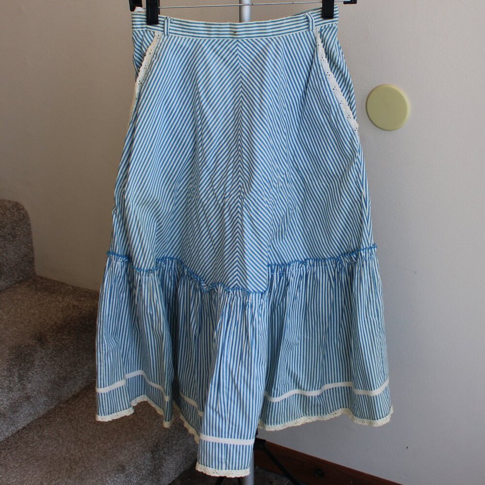 Vintage Blue White Stripe Prairie Skirt Cottagecore Tiered Cotton Size 38 S